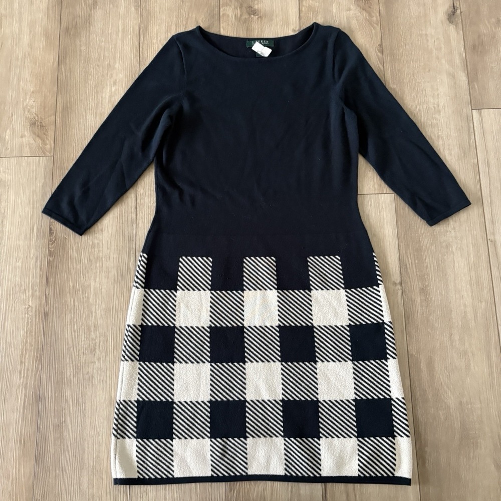 Lauren Ralph Lauren Checker Plaid Sweater Dress Black And Cream Women's Size L